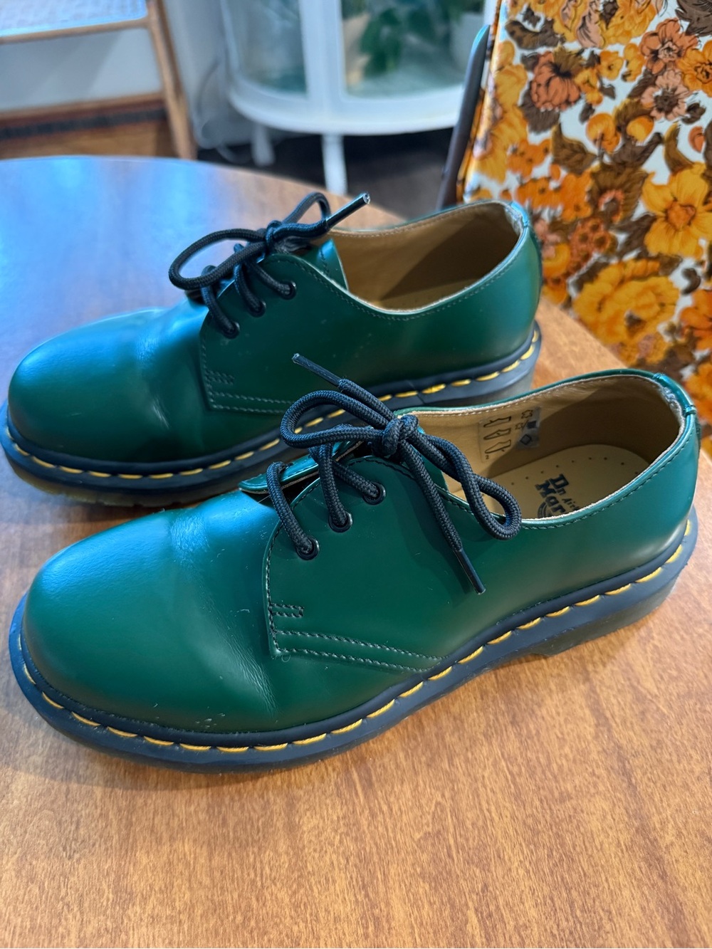 Women’s 7- Green Doc Marten’s 1461 Lace-Up Leather Oxfords with Yellow Stitching